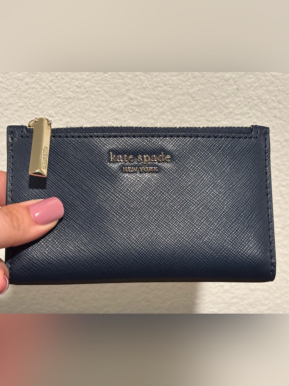 kate spade navy blue leather zip card wallet with gold hardware NWOT - Picture 2 of 10